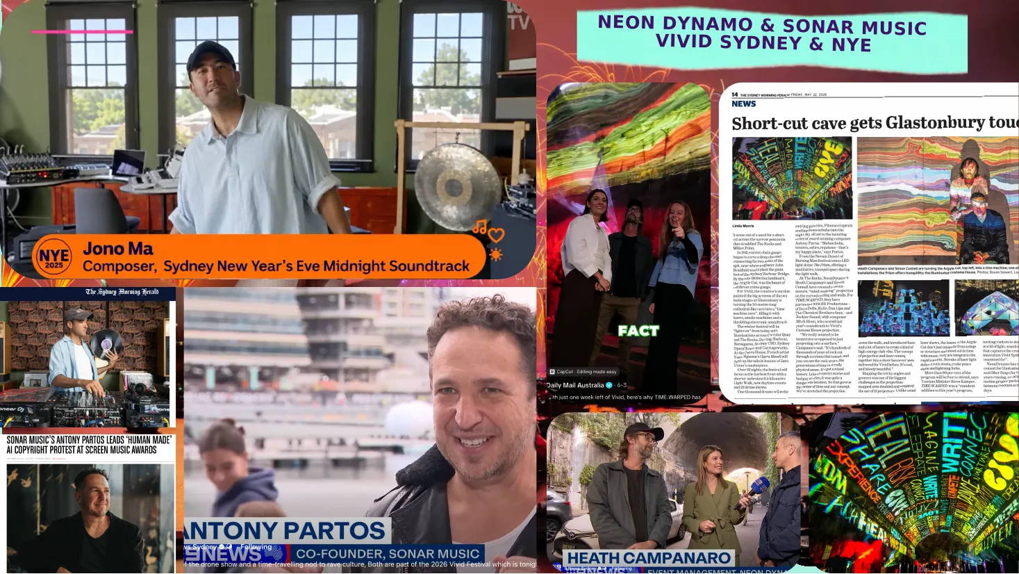Neon Dynamo & Sonar Music coverage page from the WaldeComms deck